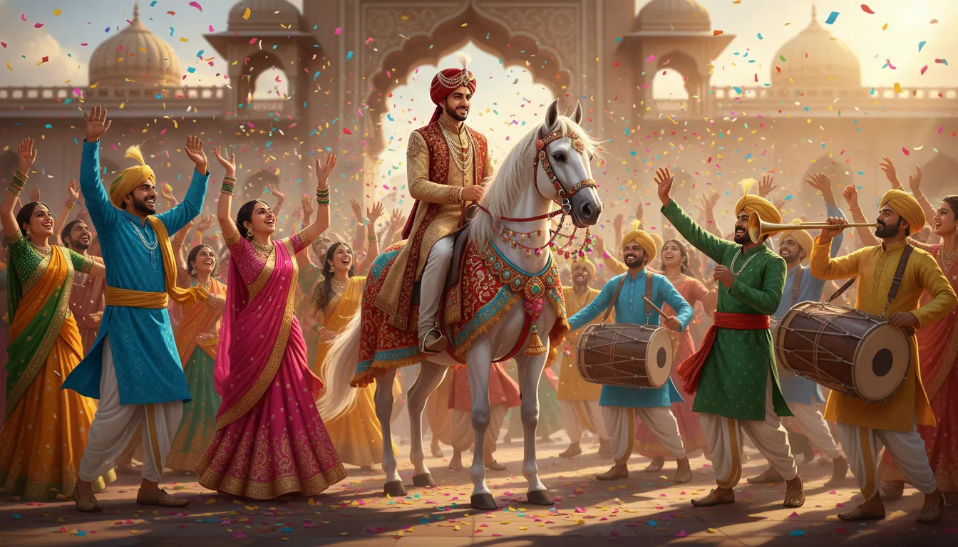 Colorful art depicting the groom riding a decorated horse during the wedding procession.