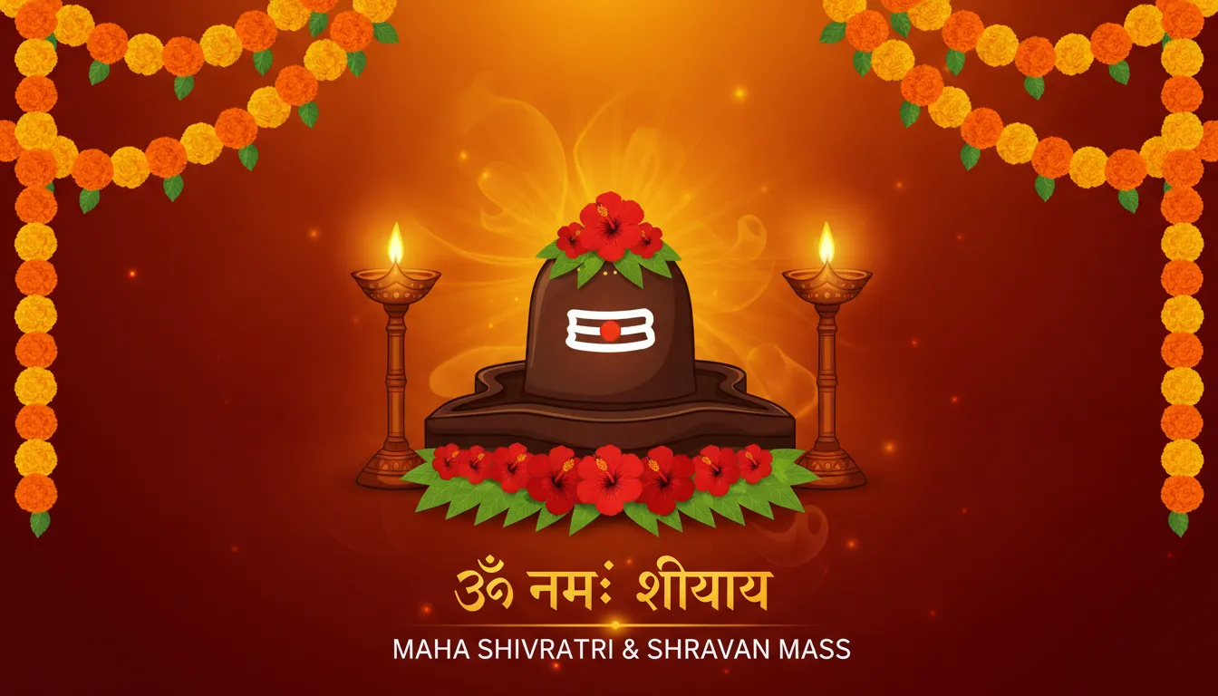 Festive decorative clip art images of shivling with holy lamps and banners
