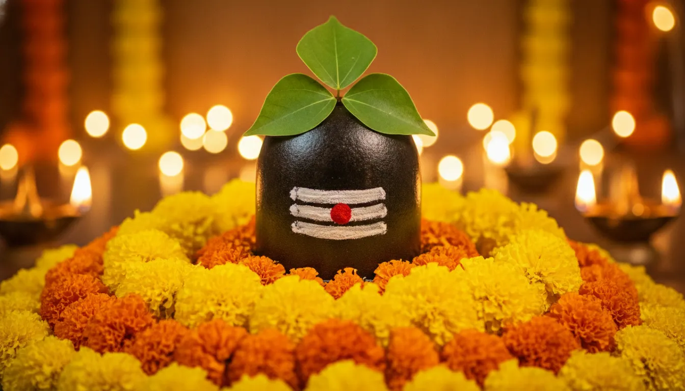 Joyous festive decoration featuring a decorated image of shivling with bilva patra, marigolds, and sacred ash for Mahashivratri.