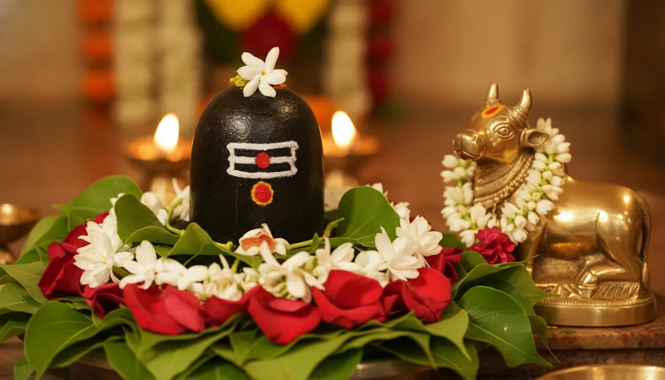 Full HD top-view image of a Shivling and Nandi decorated with Bilva leaves, flowers, and sacred ash.