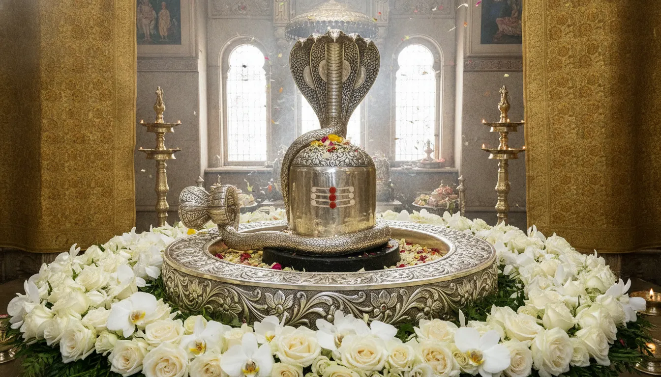 Ornate silver plating and crown decorations on a grand temple Shivling