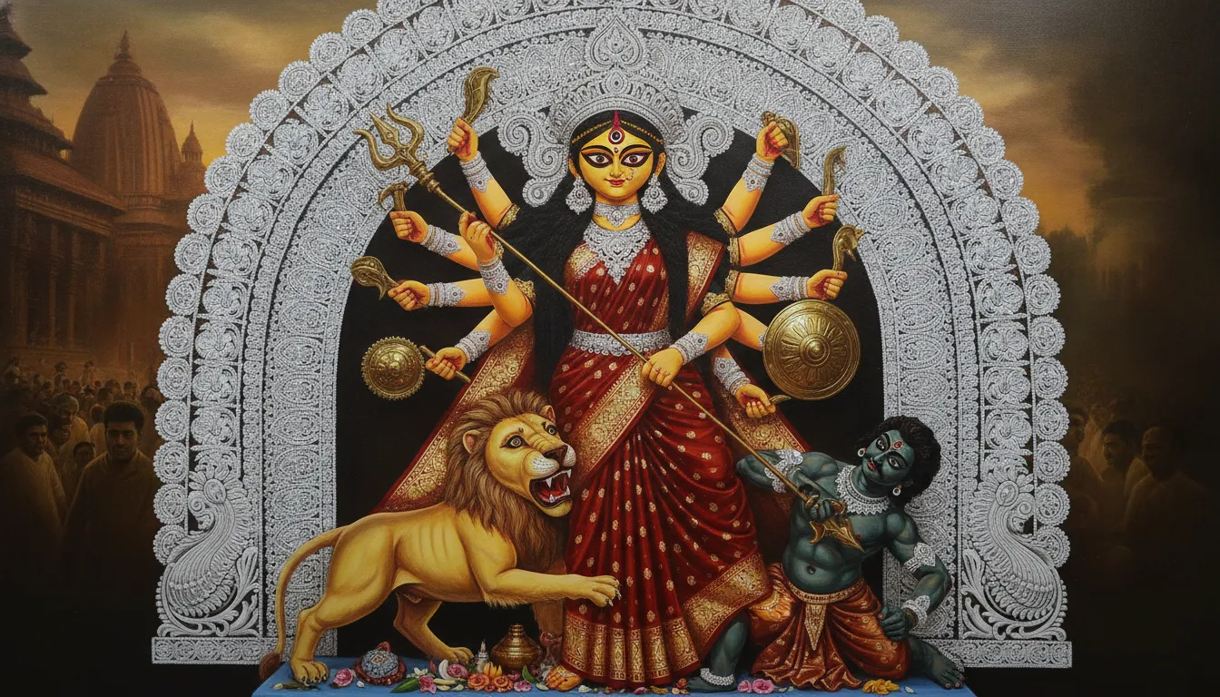 A digital painting replicating the famous clay idols of Goddess Durga found in Kolkata during Durga Puja.
