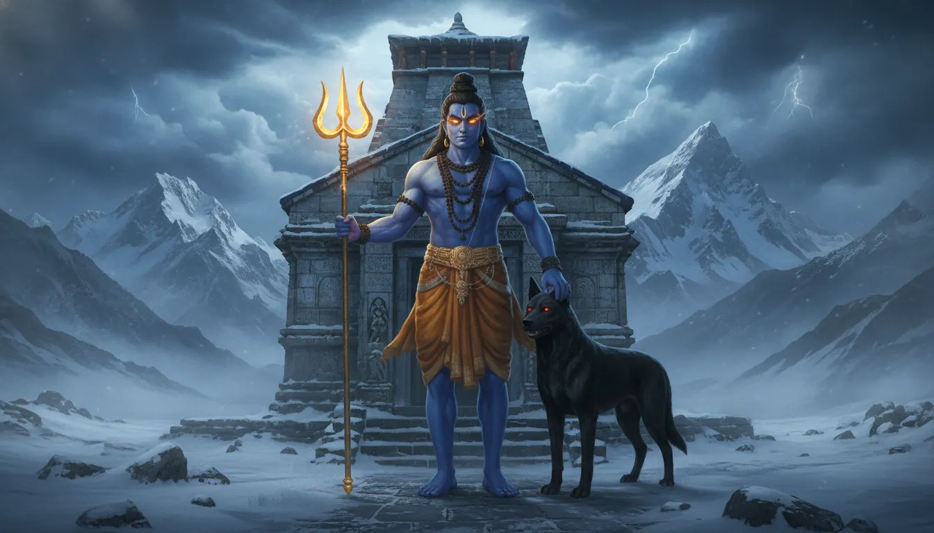 Lord Bhairava with a black dog under a vast starry night sky and full moon.
