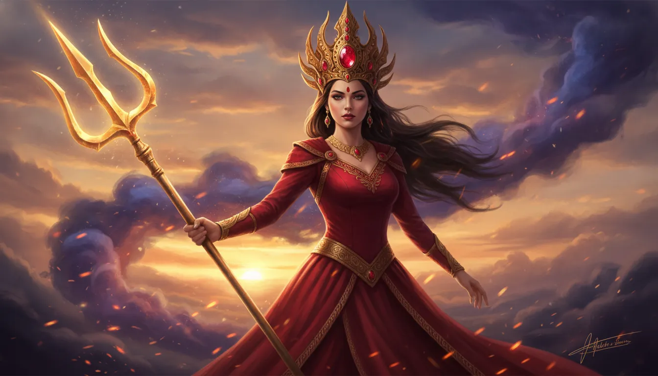 Digital painting of a fierce goddess Durga with a golden crown holding a sharp trident.
