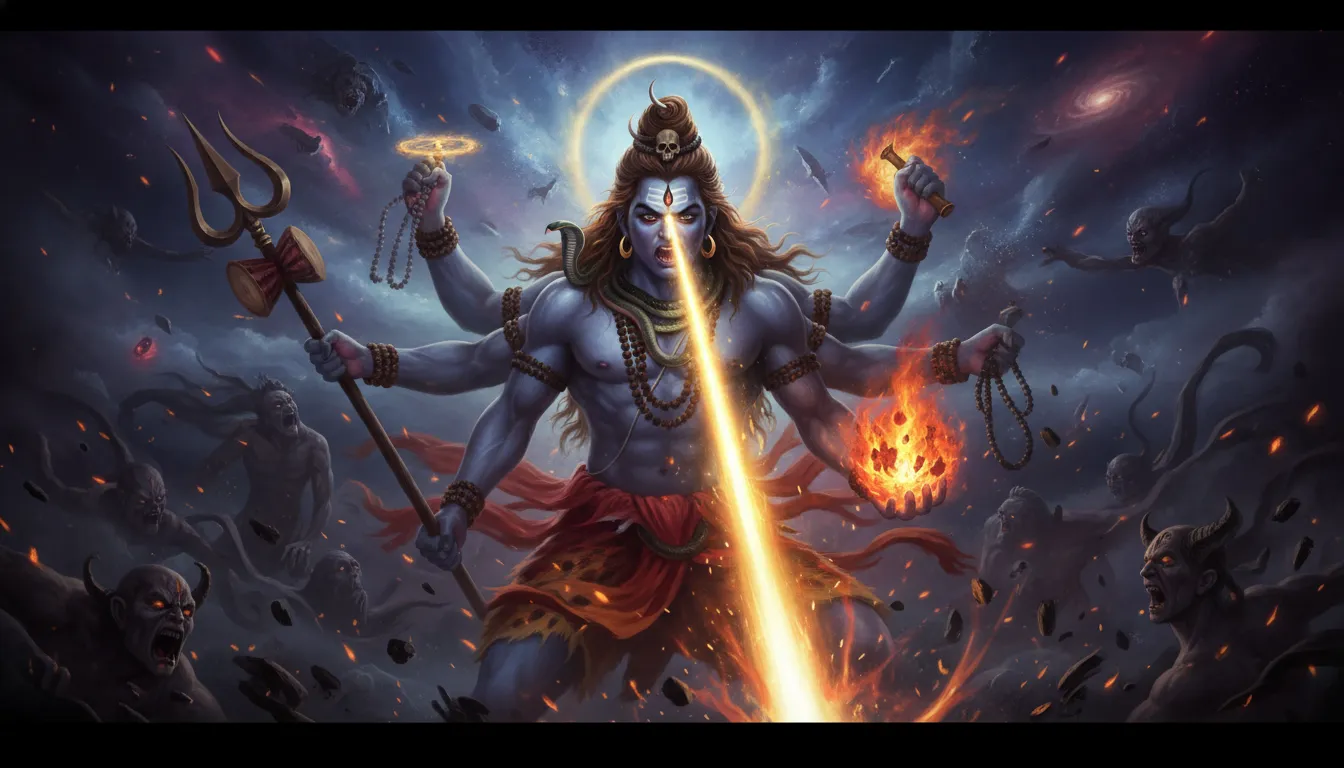 Detailed angry art of multi-armed Lord Shiva with his third eye emitting bright golden light.