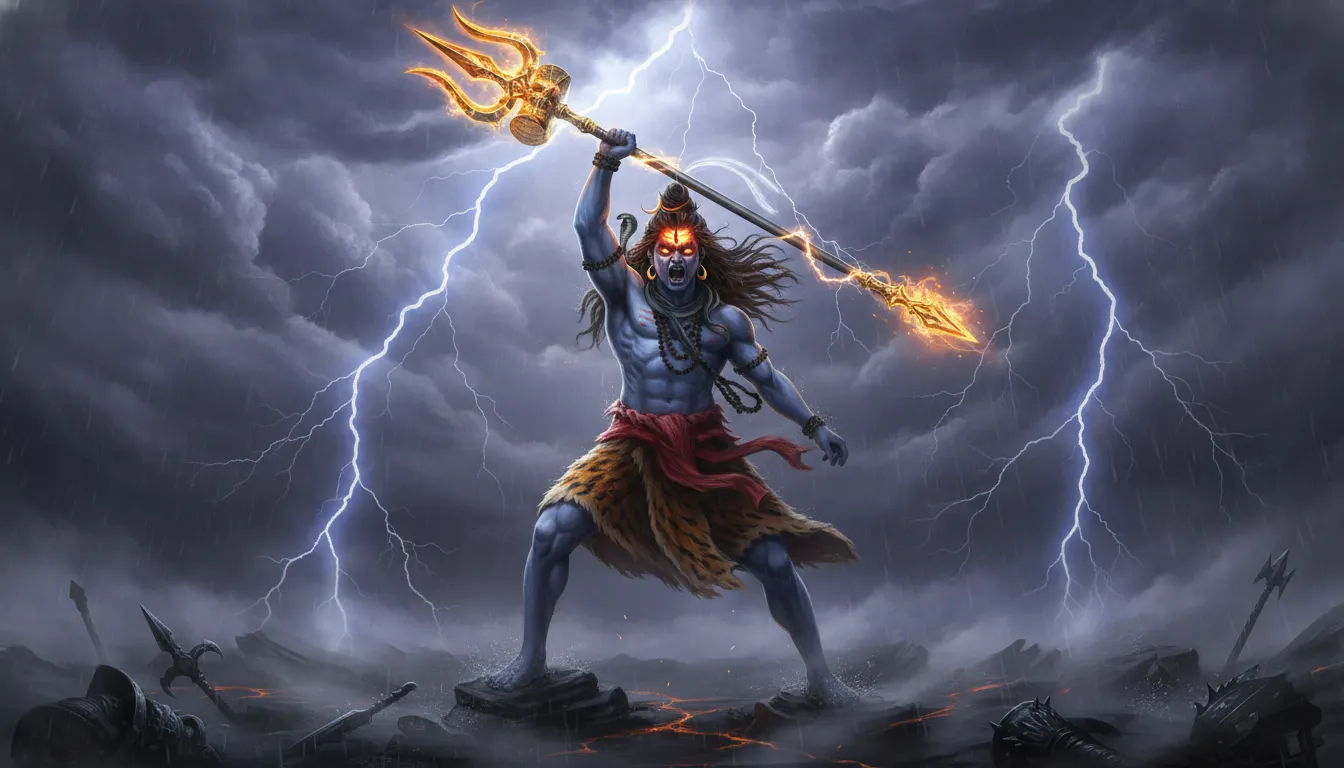 The powerful and fierce Rudra avatar of Lord Shiva amid dark storm clouds.