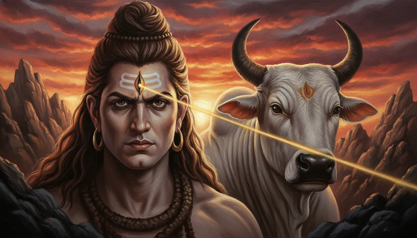 A dramatic close-up art of Lord Shiva opening his third eye with a fierce Nandi ready for battle in the mountains.