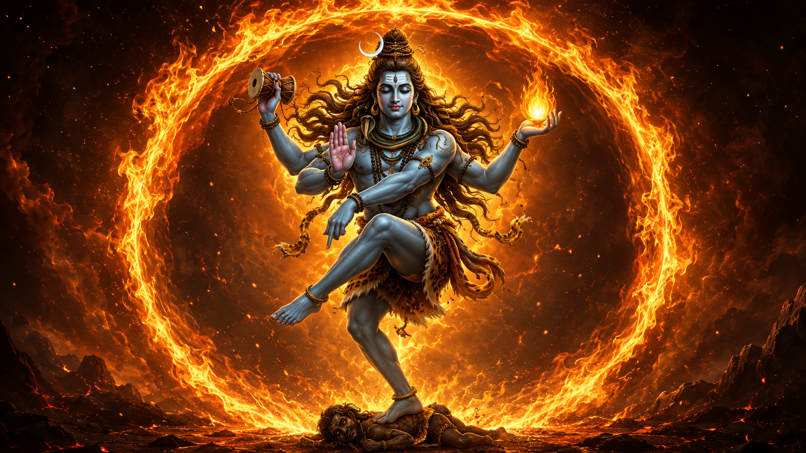 Detailed artwork of Lord Shiva Nataraja surrounded by an intense ring of cosmic fire.