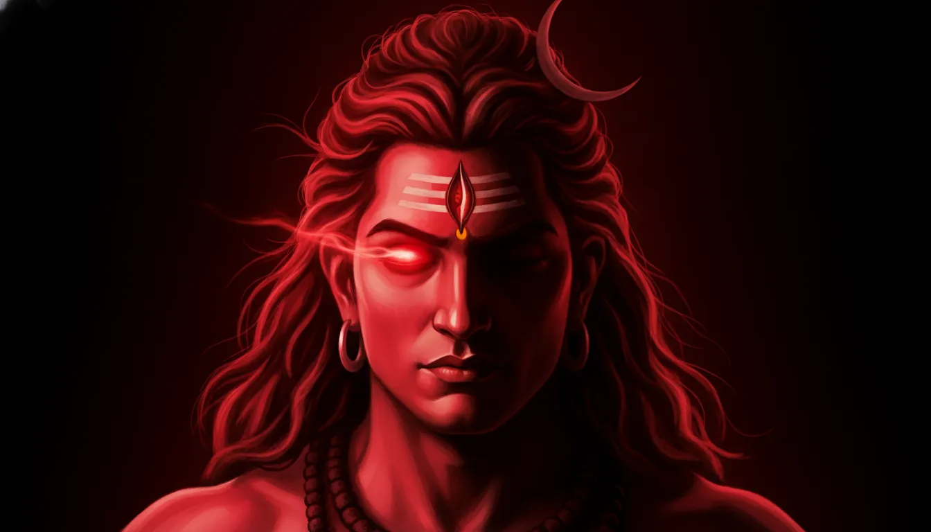 Energetic digital painting of Lord Shiva face illuminated with a fierce crimson red glow on a dark background.