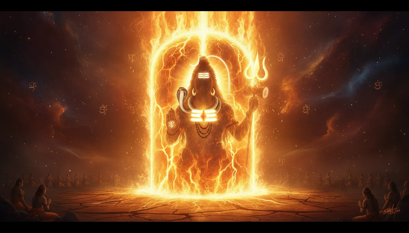 An artistic representation image of lord shiva in shivling showing an infinite pillar of cosmic fire and light.