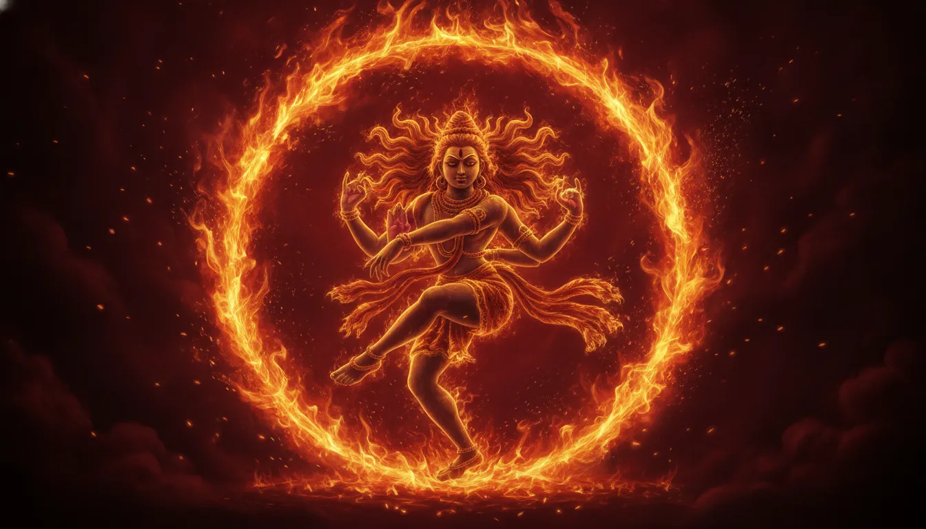 A powerful digital art of Nataraja surrounded by intense explosive flames of orange and red during the Tandava dance.
