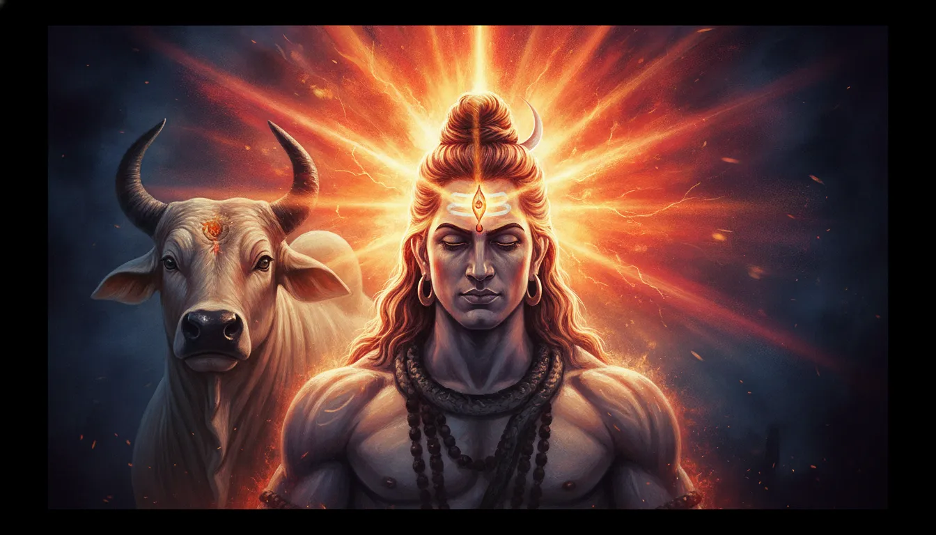 A powerful artistic depiction of Lord Shiva opening his third eye with intense flames, while Nandi stands strong.