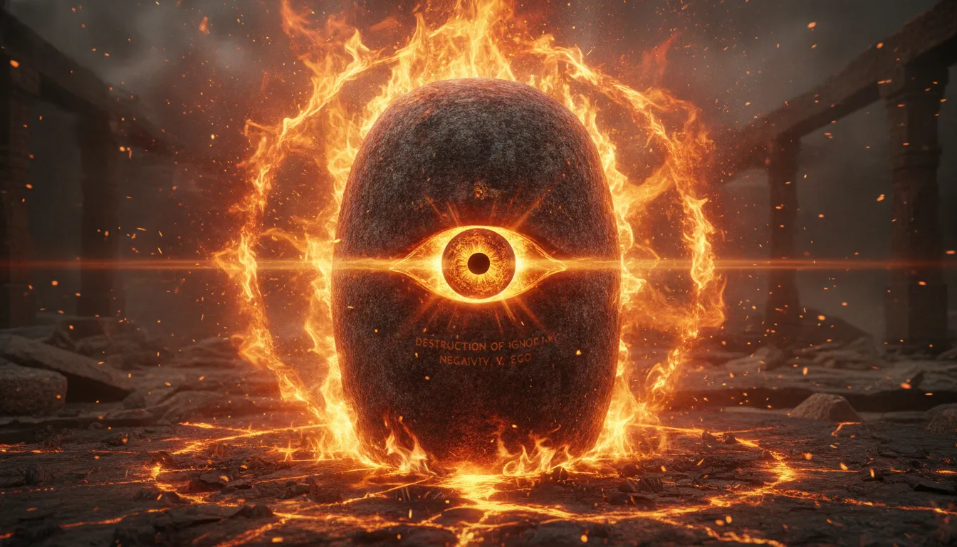 Intense open eye images of shivling with glowing orange flame energy.