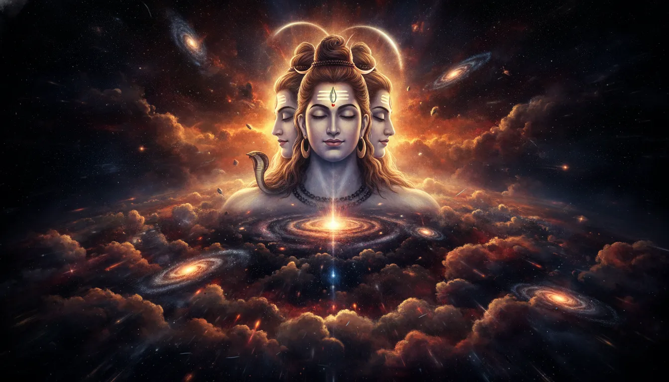 Three-faced Lord Shiva witnessing the majestic collapse and rebirth of cosmic stars.