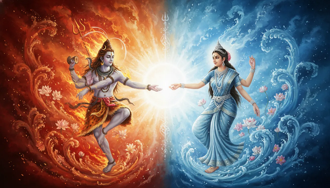 Conceptual digital art of Lord Shiva surrounded by flames and Parvati surrounded by water elements dancing together.