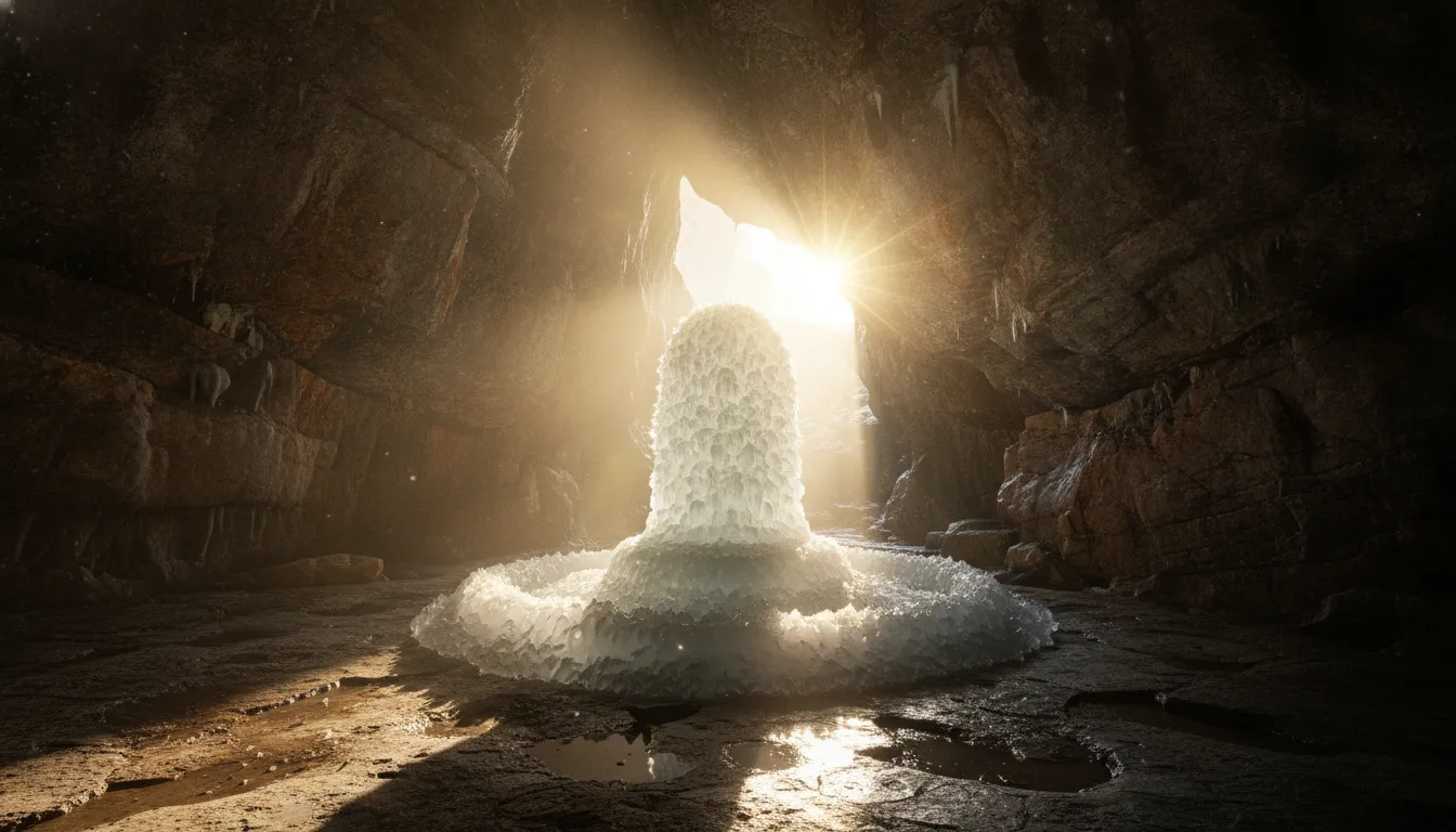 Famous white shivling of ice images captured as the morning sun rays enter the cave temple.