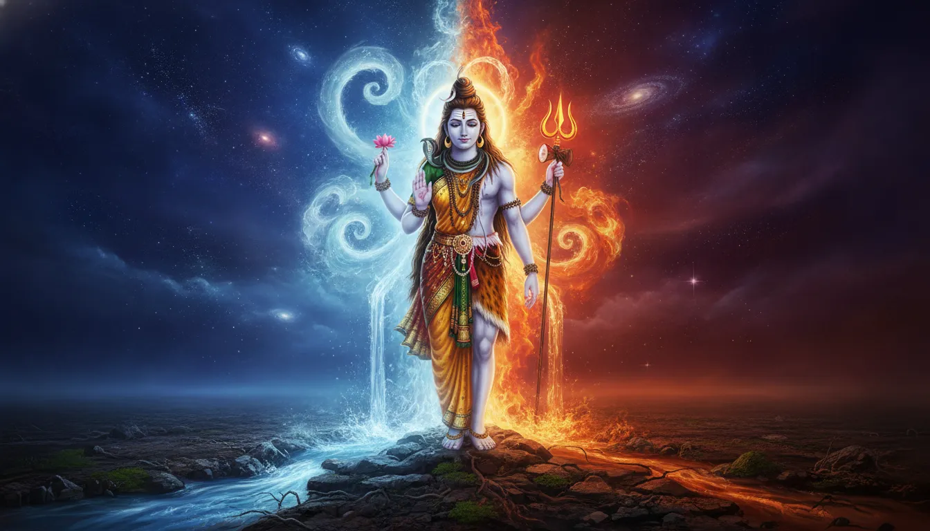Ardhanarishvara standing form interacting with the five elements of fire, water, earth, air, and space.