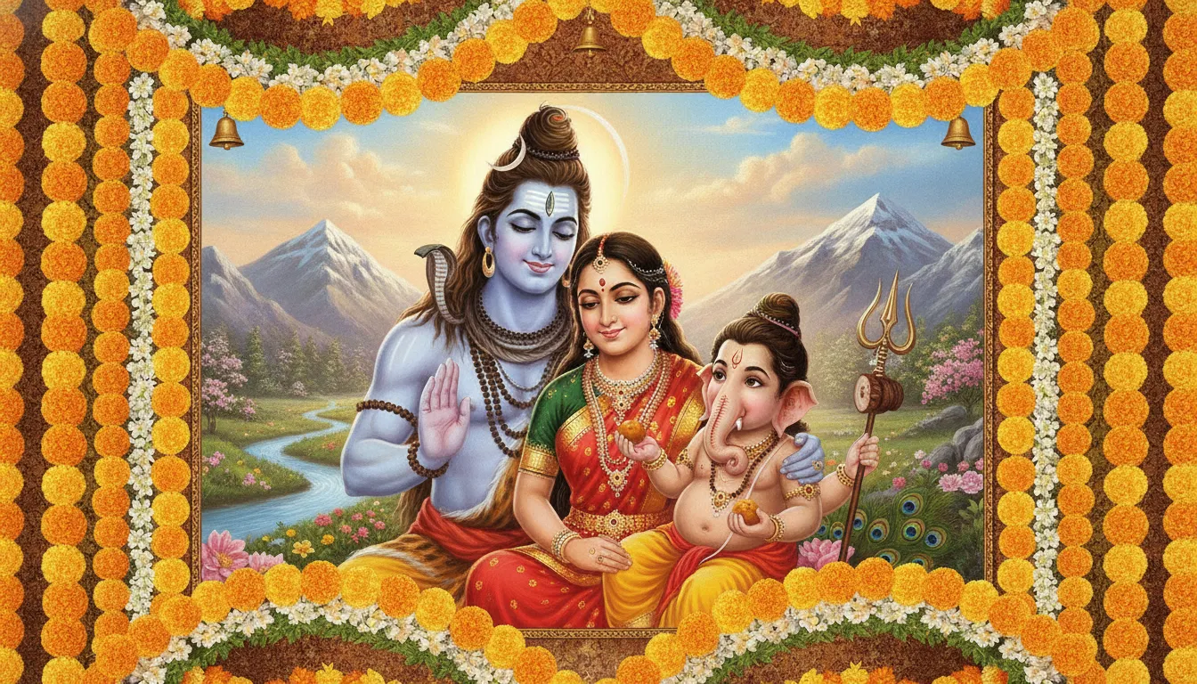 Divine Shiva family artwork wrapped in an intricate frame of colorful marigold and jasmine garlands