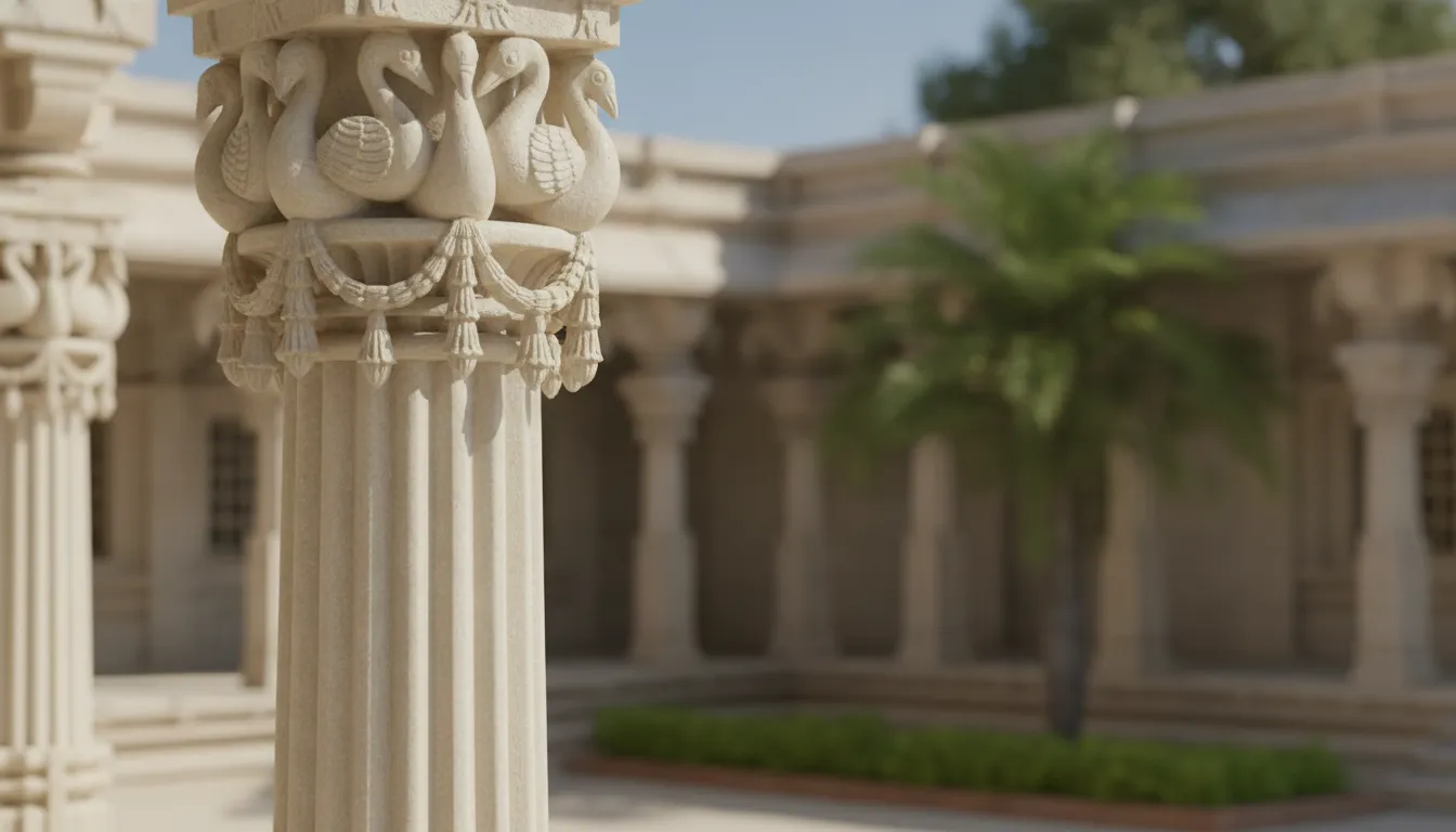 A tall fluted temple pillar ending in an elegant capital carved with mythical Hamsa swans and floral garlands.