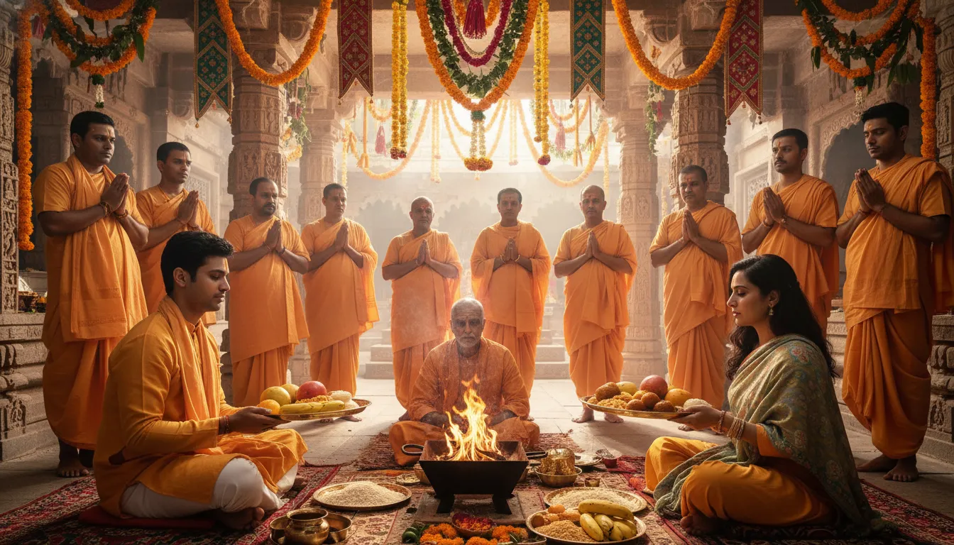 People sitting near a sacred fire during a food blessing ritual inside a temple.