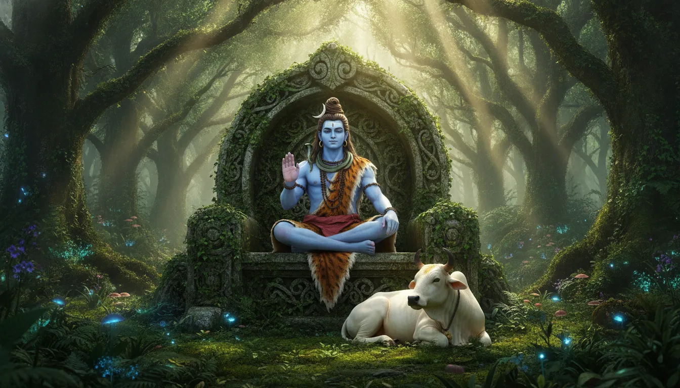Lord Shiva on a moss-covered stone throne inside a sacred forest with Nandi resting.