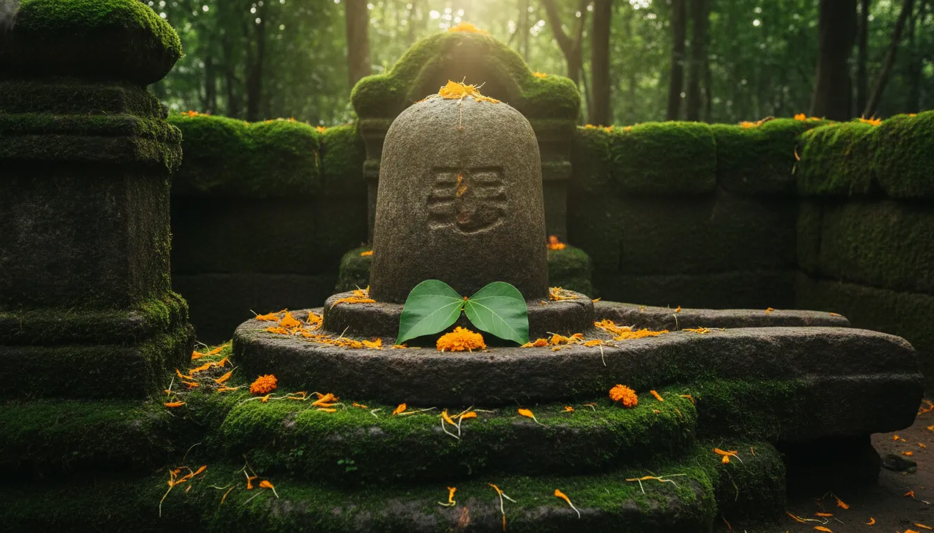 An ancient stone image of shivling with bilva patra located inside a serene forest temple with soft sunbeams breaking through the trees.