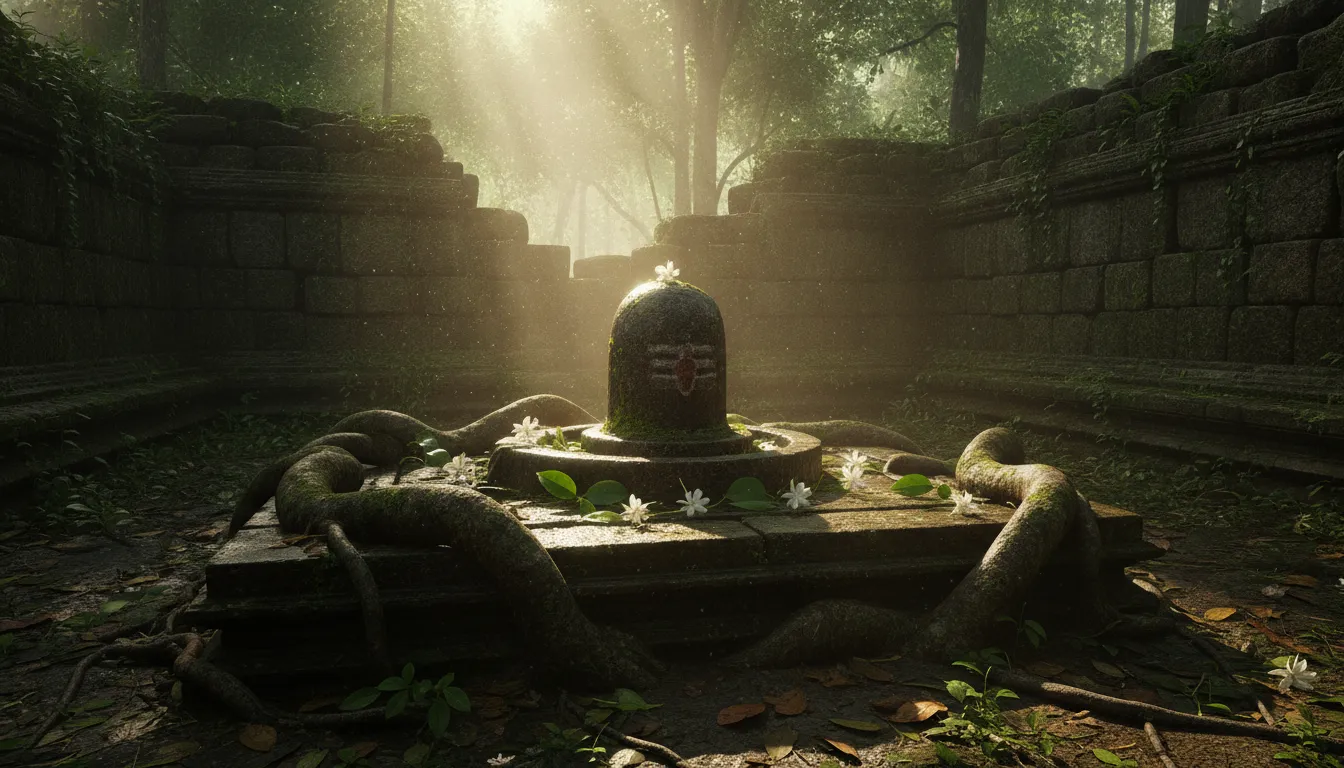 An ancient stone Shivling found inside a dense tropical jungle with sun rays breaking through trees.