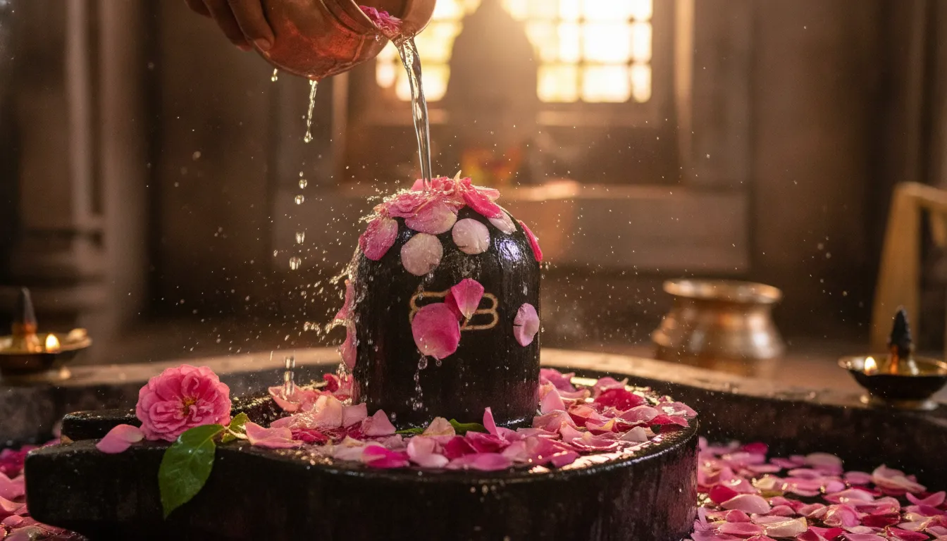 Gentle drops and streams of scented pink rose water showering over a decorated Shiva Lingam.