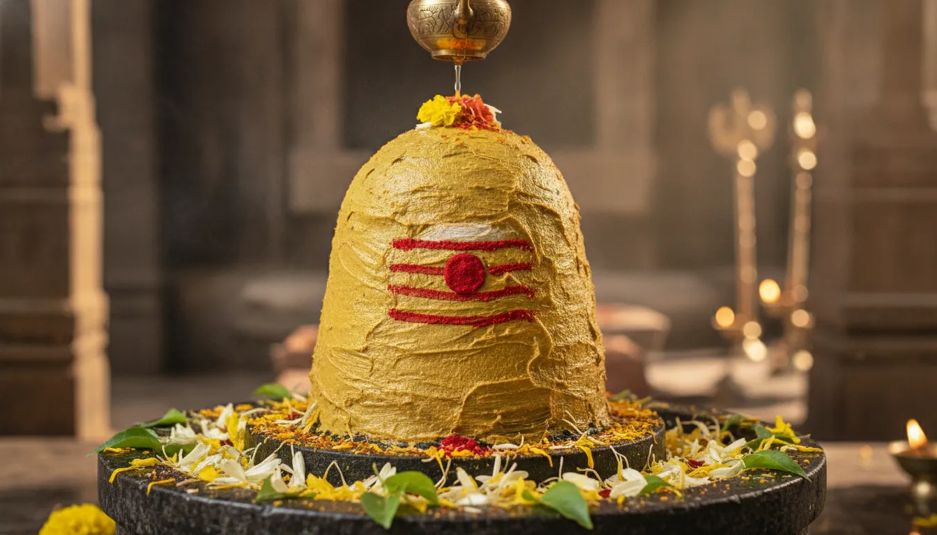 Rich yellow Chandan or sandalwood paste beautifully covering a decorated Shiva Lingam.