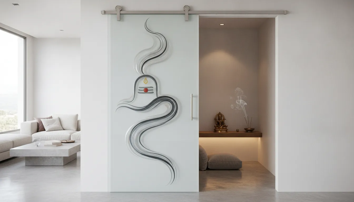 A contemporary frameless sliding glass door decorated with an abstract artistic interpretation of a Shivling.