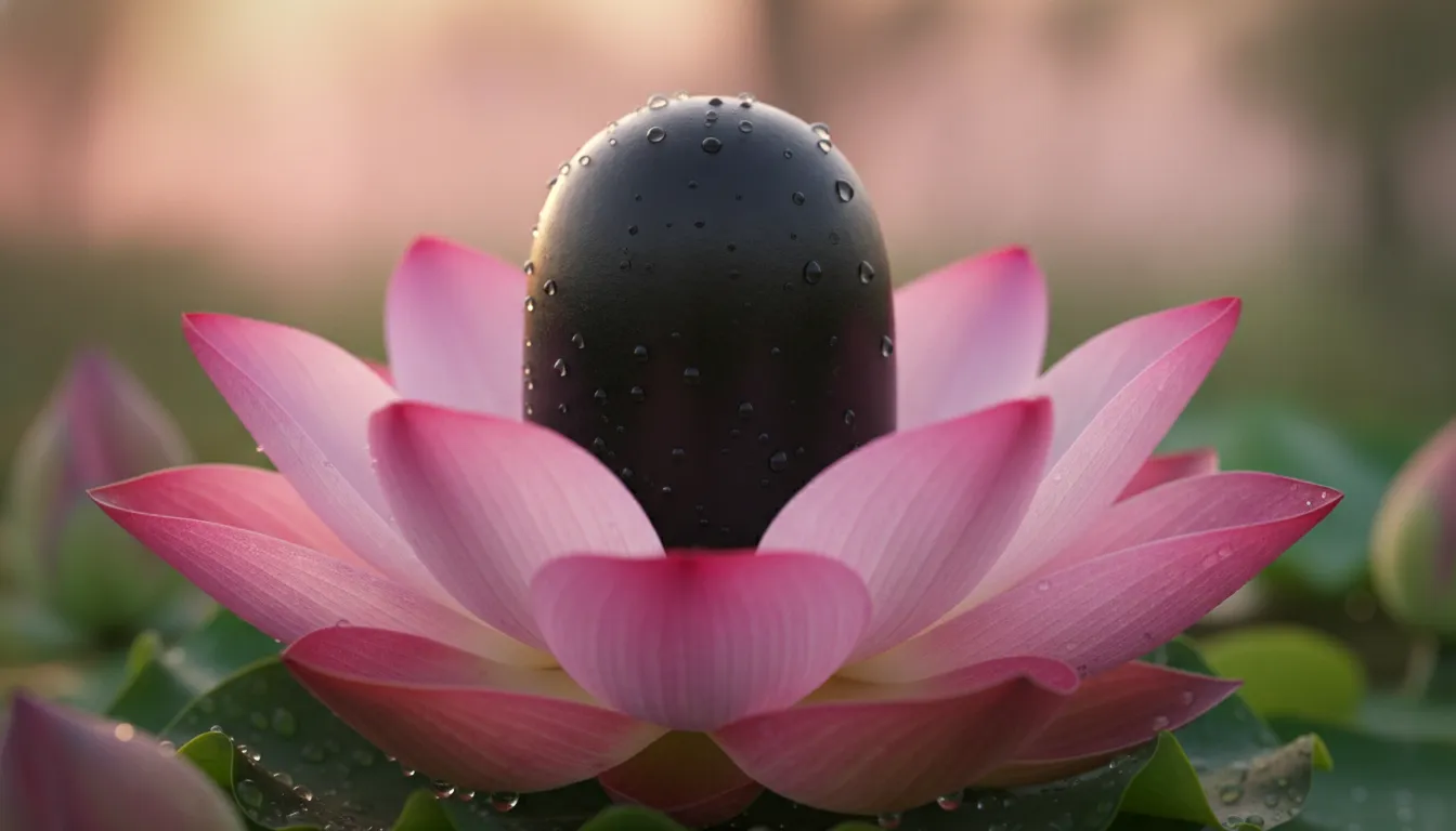 Close-up of a holy stone shivling adorned with morning dew drops and a pink lotus flower.