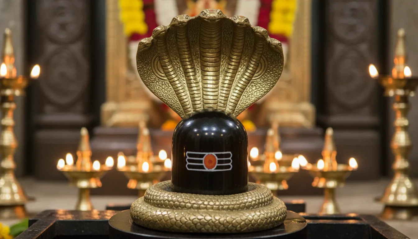 Frontal perspective of a temple shivling adorned with a gleaming brass multi-headed cobra hood spreading above the lingam.