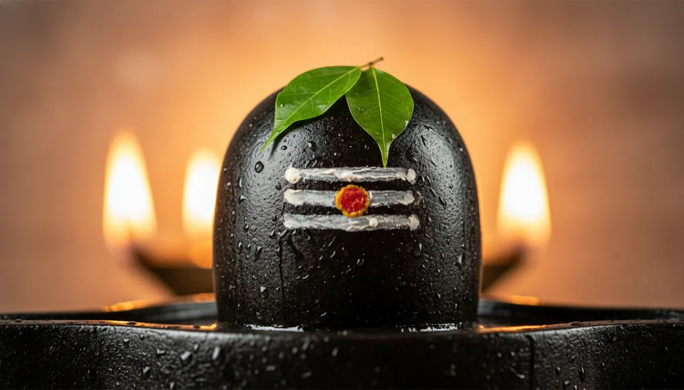 Close-up frontal image of a temple shivling with water droplets, sandal paste markings, and fresh bael leaves on top.