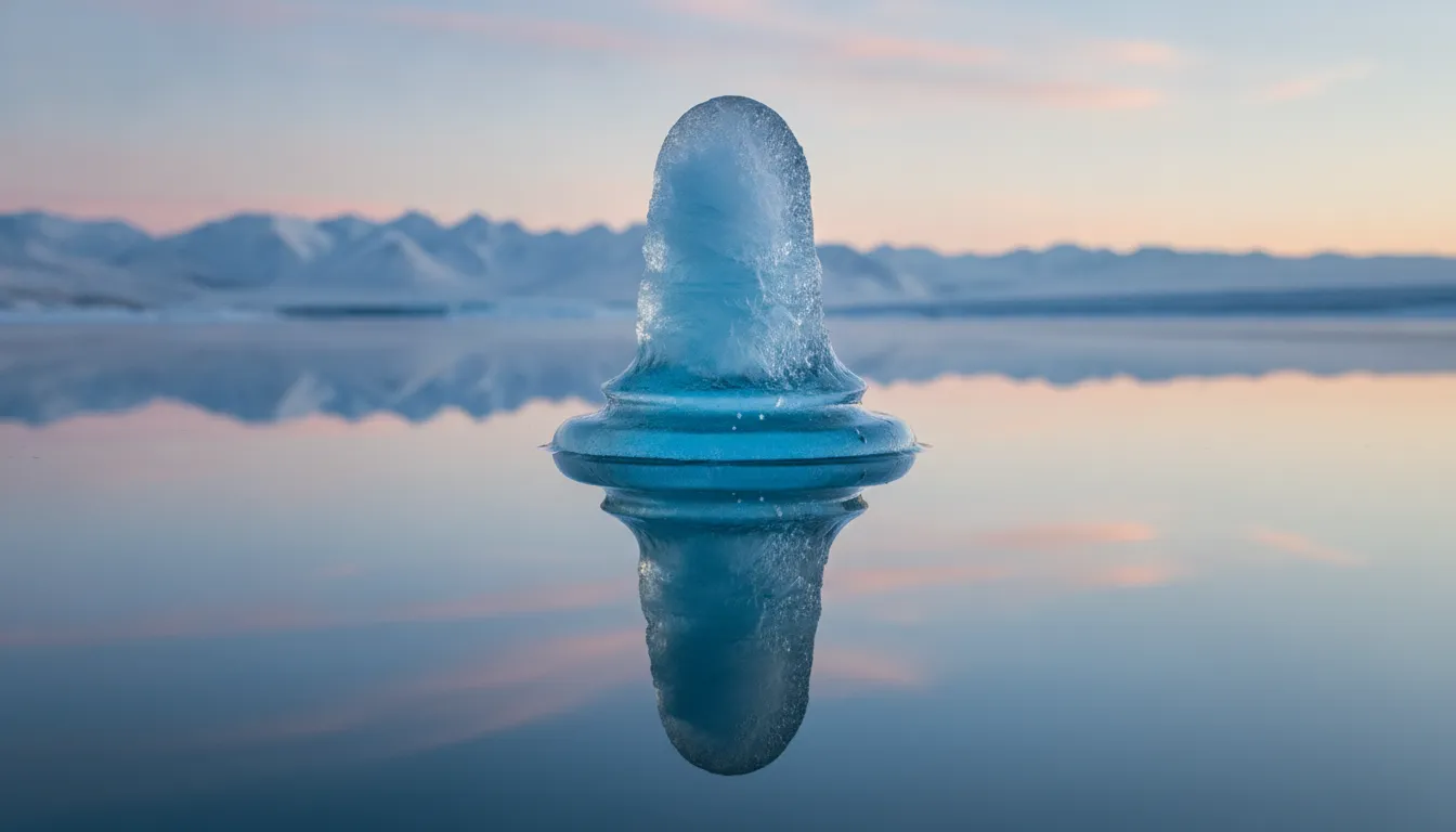 An amazing frozen ice shivling reflecting beautifully on the surface of a calm glacial lake.