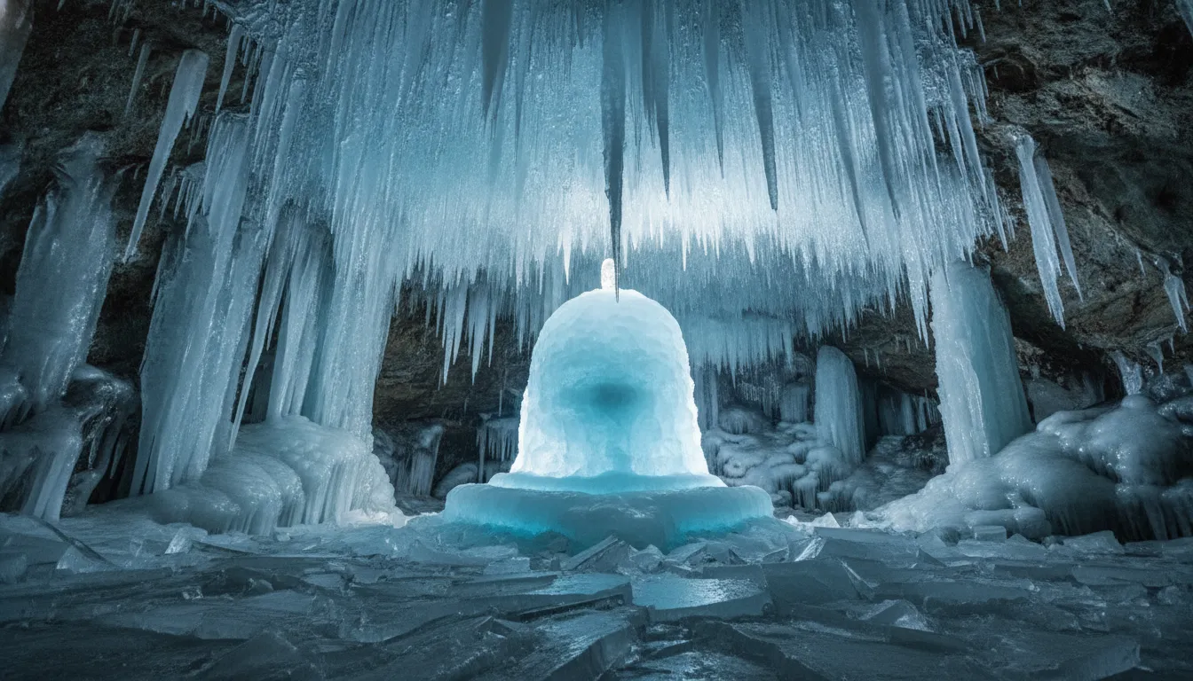 Famous white shivling of ice images showing sharp ice stalactites hanging from the cave ceiling.