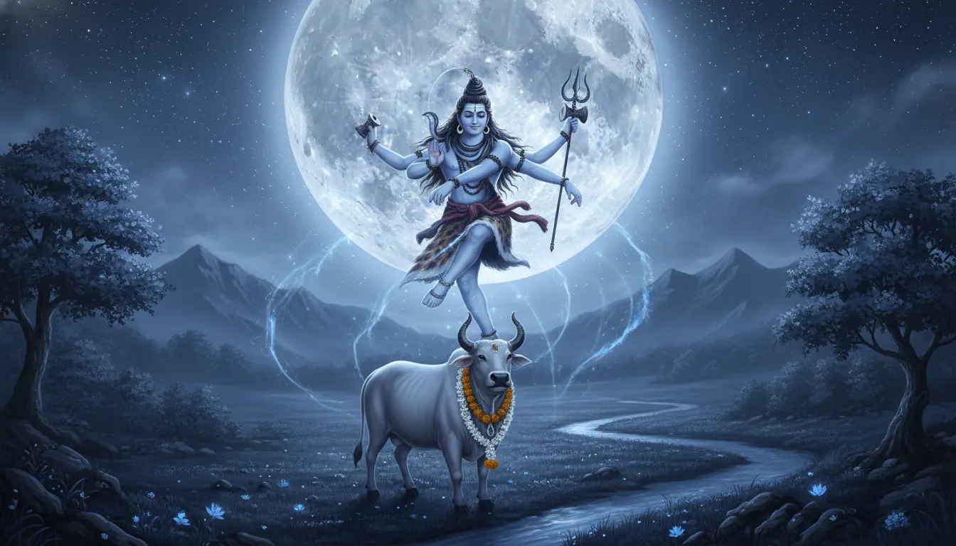 Lord Shiva dancing under a massive full moon on a peaceful plain with Nandi.