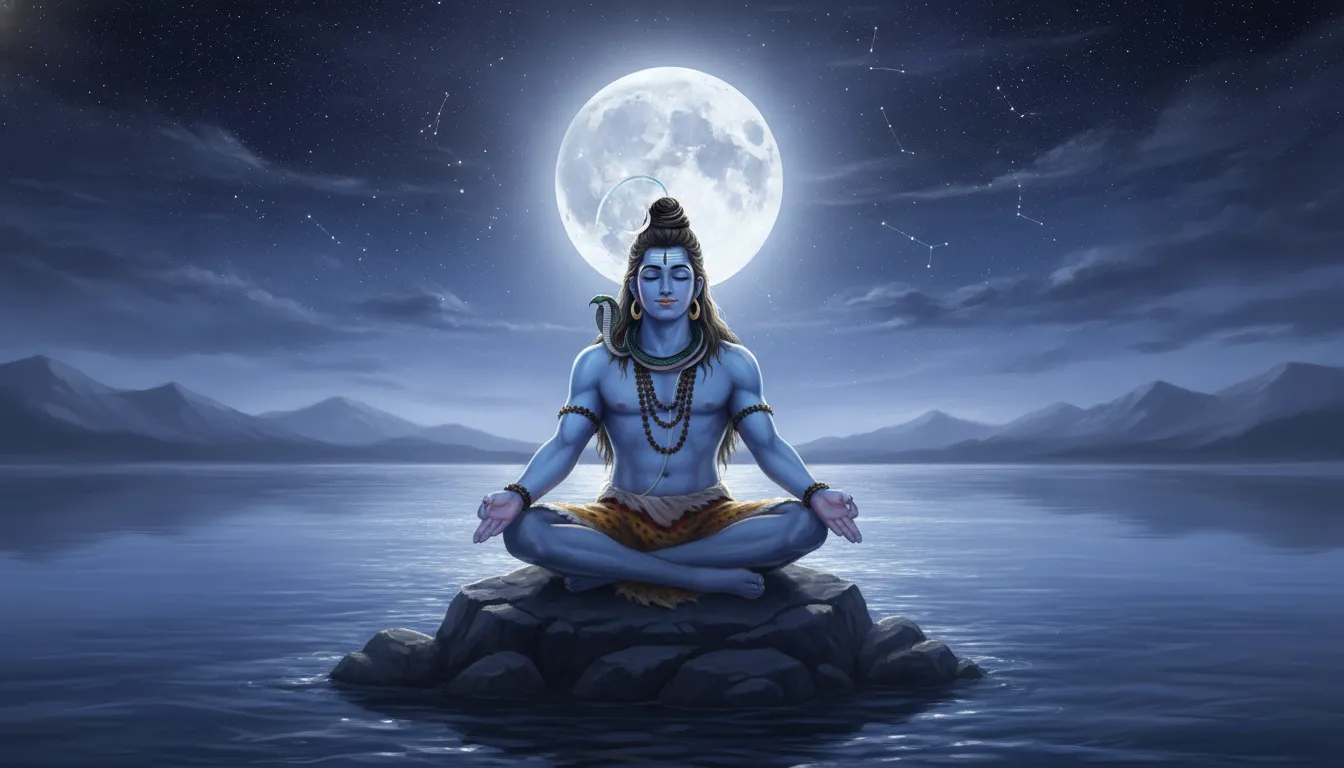 Lord Shiva meditating in the moonlight by a glowing river with stars in the sky.