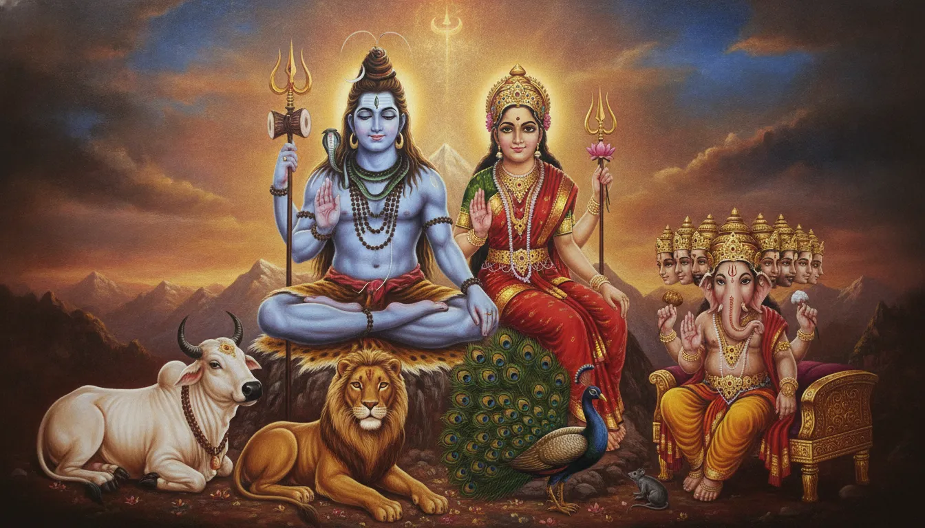 Full traditional painting of Shiva Parvati family with animals
