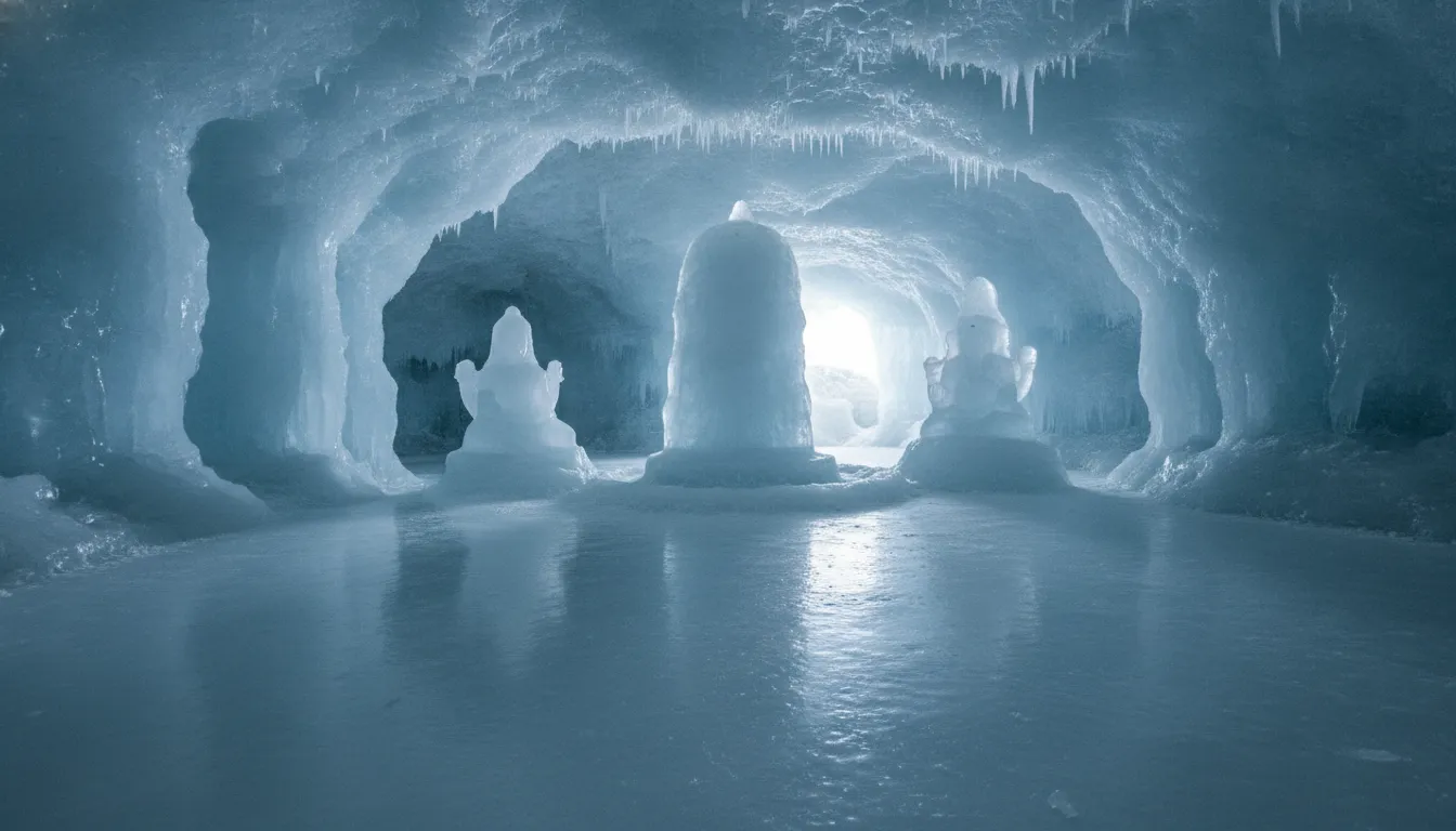 Famous white shivling of ice images showing the main structure alongside smaller accompanying ice stalagmites.