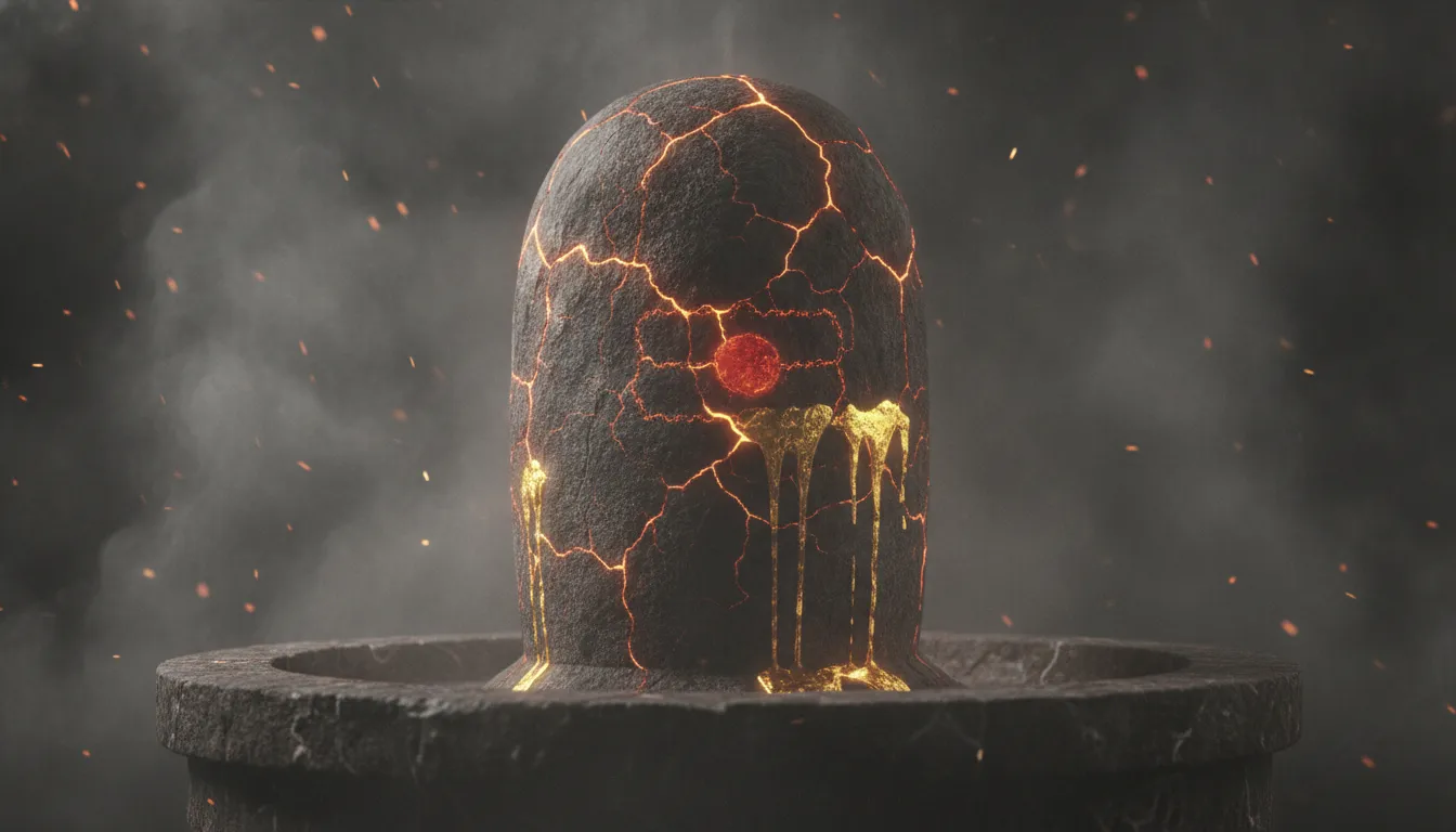 Detailed images of lord shivling in anger with glowing gold cracks and dark smoke elements.