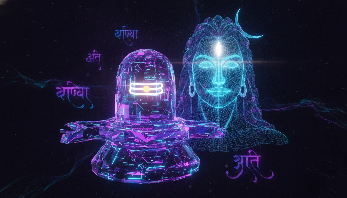 Futuristic abstract 3D design of Lord Shiva and a holy Shivling with vibrant neon lighting lines.