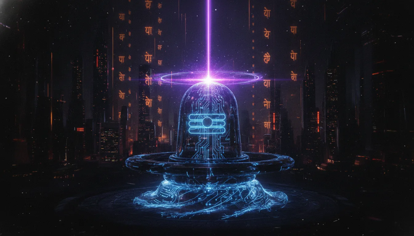 Futuristic high-tech cyberpunk interpretation of Lord Shiva cosmic Lingam
