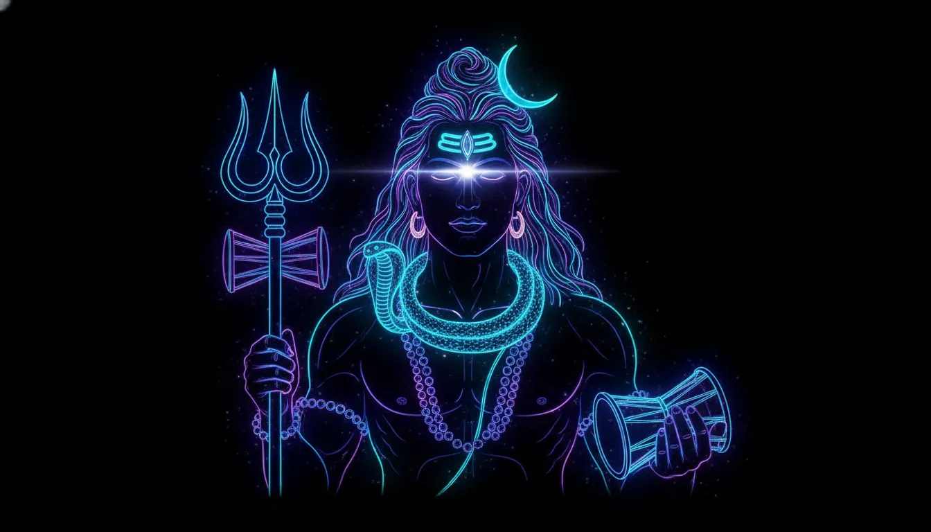 Futuristic neon style Har Har Mahadev image photo with glowing blue and purple lights.