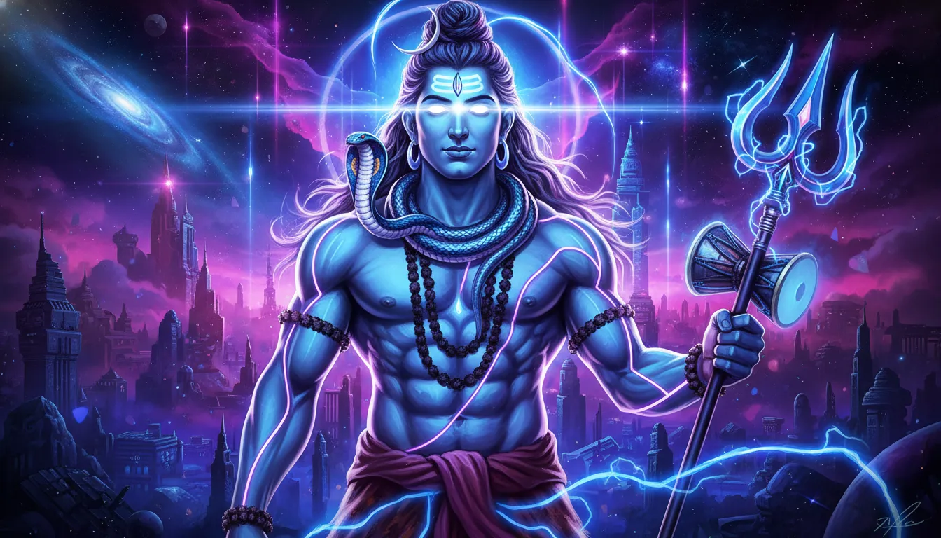 A modern futuristic neon style digital painting of Lord Shiv Mahadev with glowing blue and purple energy lines.