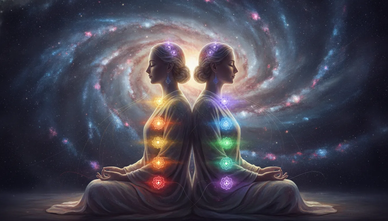 A meditative divine couple with glowing chakra points aligned perfectly with a swirling central galaxy