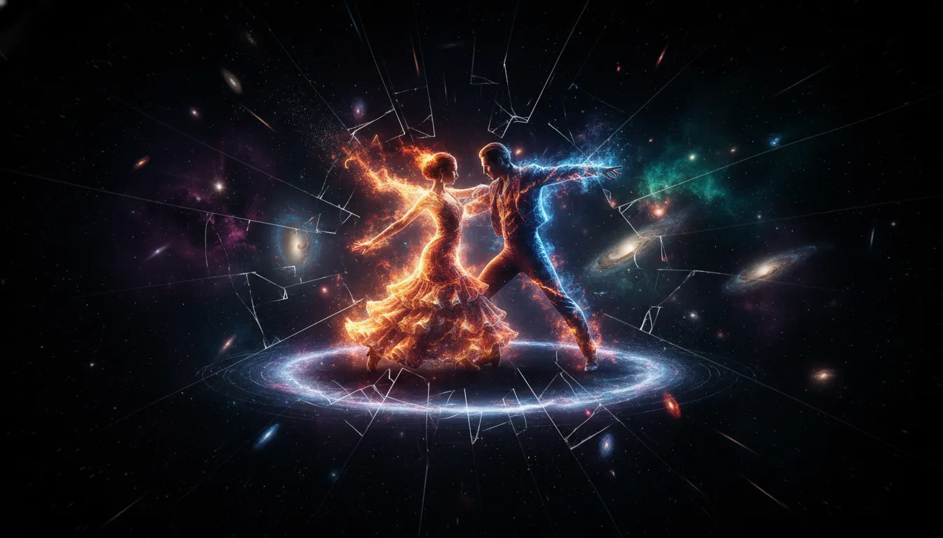Energetic dancers performing flamenco in a galactic void with fiery sparks.