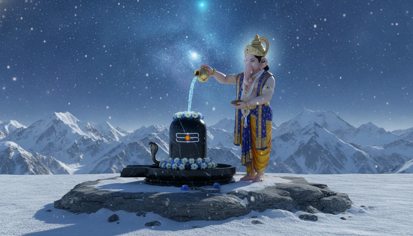 Lord Ganesh offering water to a Shivling on snow-covered Mount Kailash.