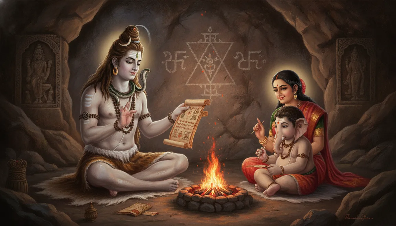 Lord Shiva pointing to a sacred script while explaining spiritual wisdom to young Ganesha and Parvati.