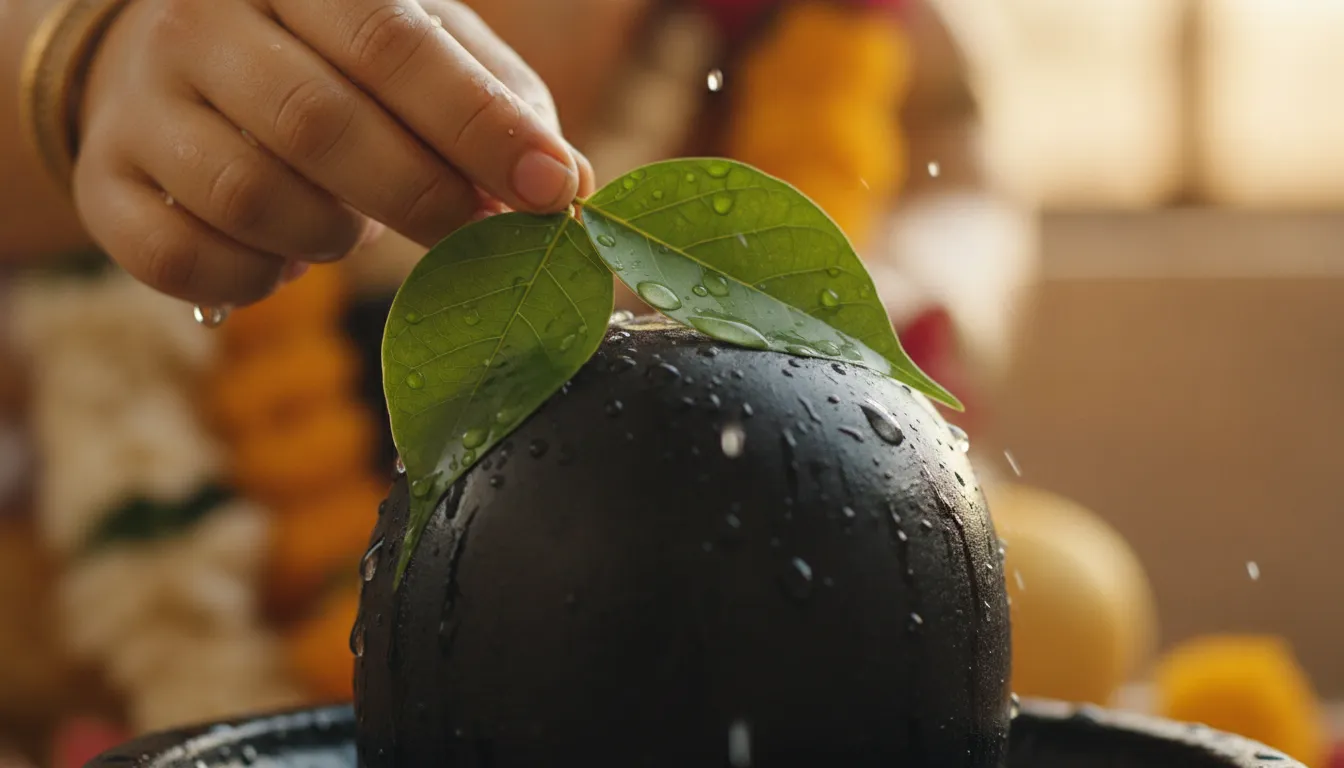 Detailed shot of Lord Ganesha holding a green three-cluster Bilva leaf and offering it to a dark stone Shivling