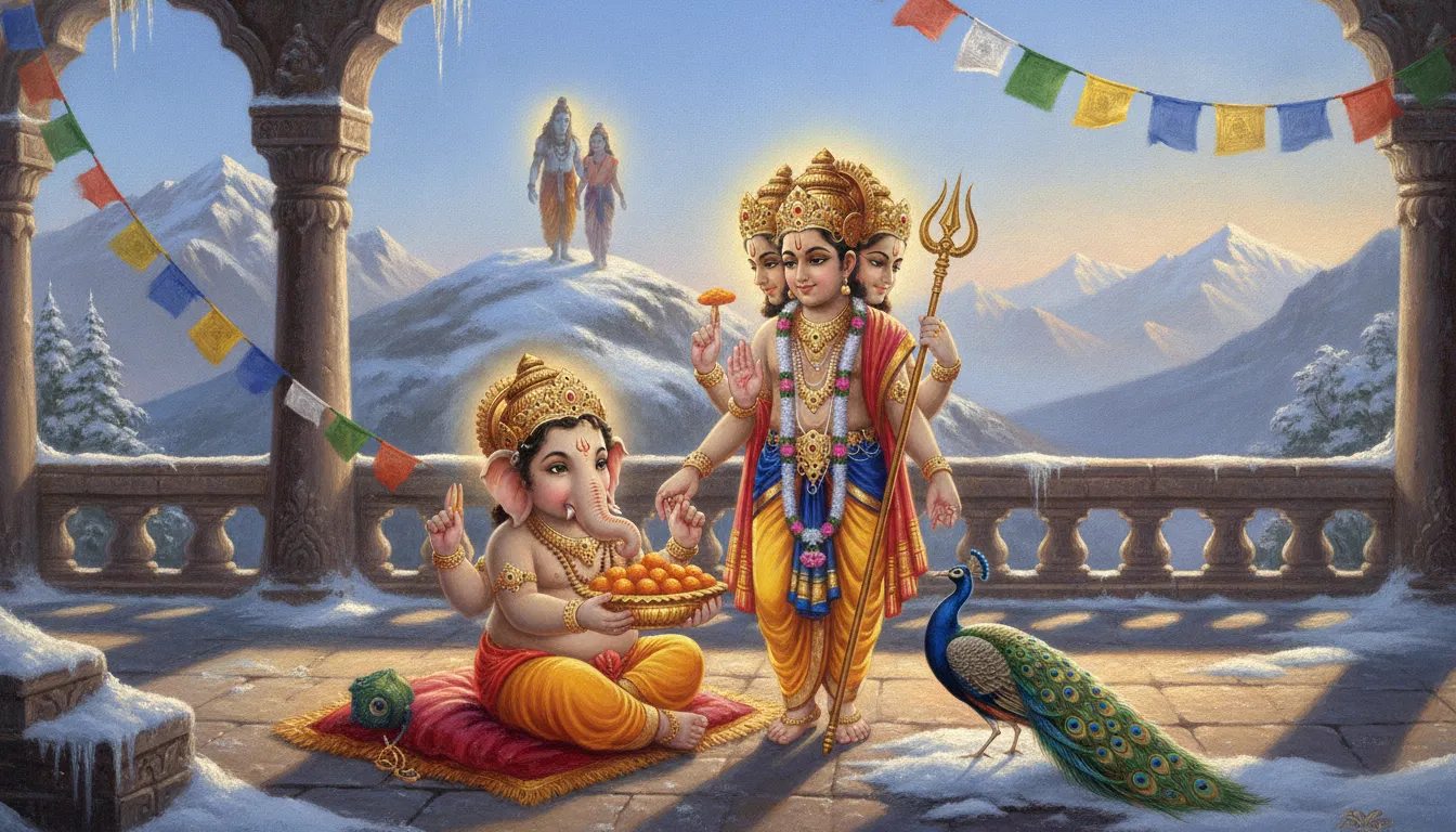Devotional painting of young Ganesha and Kartikeya playing on a snowy mountain terrace.